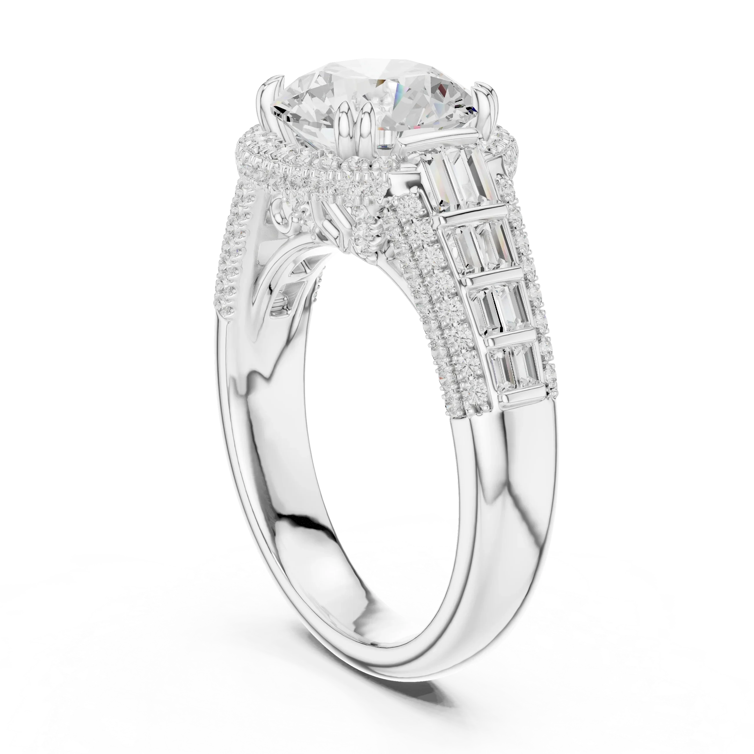 4.04 CTW Round Moissanite 14K White Gold Cathedral Engagement Ring wiith Tapered Baguette Side Stones