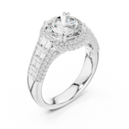 4.04 CTW Round Moissanite 14K White Gold Cathedral Engagement Ring wiith Tapered Baguette Side Stones