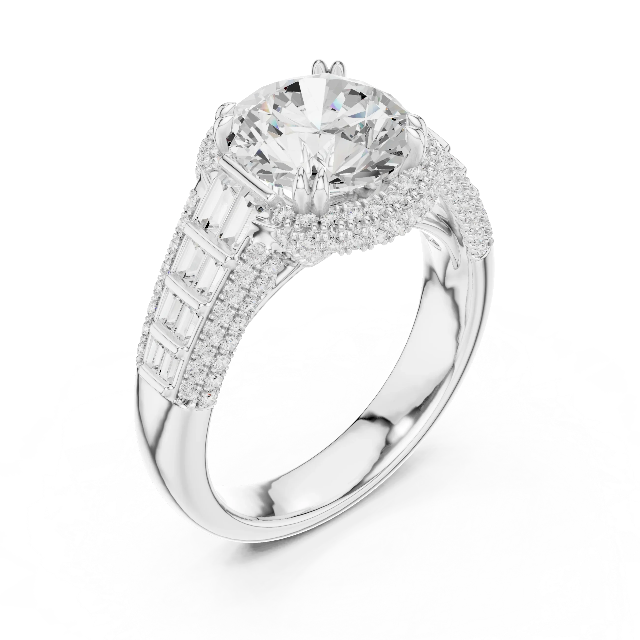 4.04 CTW Round Moissanite 14K White Gold Cathedral Engagement Ring wiith Tapered Baguette Side Stones