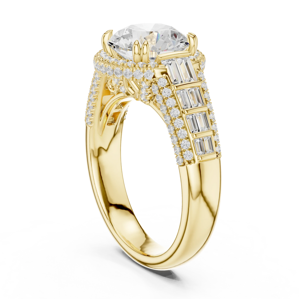 4.04 CTW Round Moissanite 14K White Gold Cathedral Engagement Ring wiith Tapered Baguette Side Stones