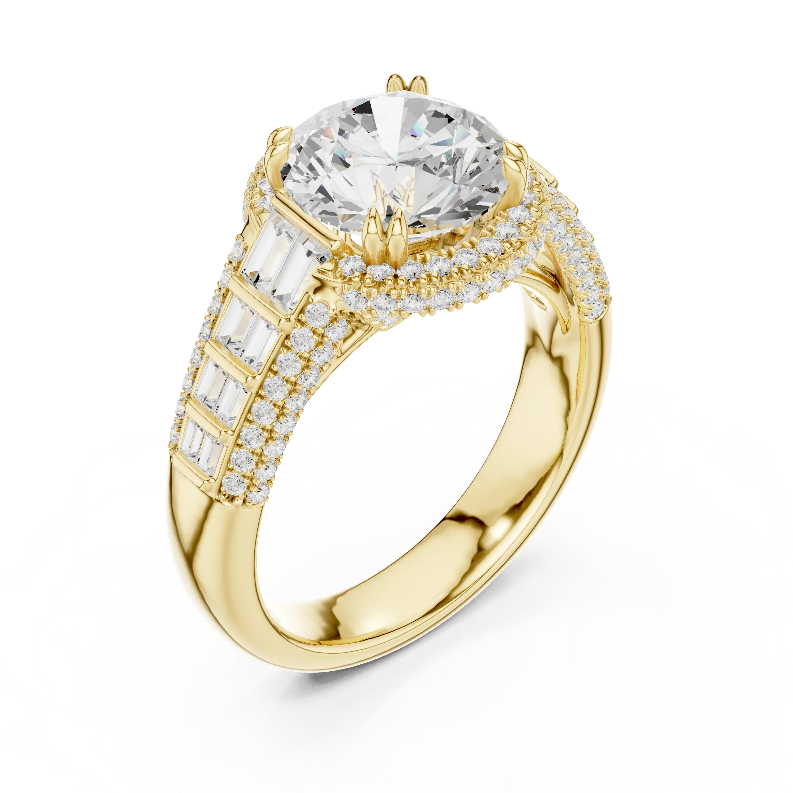 4.04 CTW Round Moissanite 14K White Gold Cathedral Engagement Ring wiith Tapered Baguette Side Stones