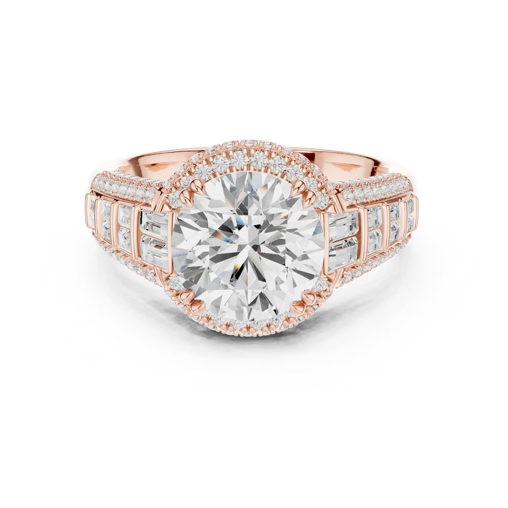 4.04 CTW Round Moissanite 14K White Gold Cathedral Engagement Ring wiith Tapered Baguette Side Stones