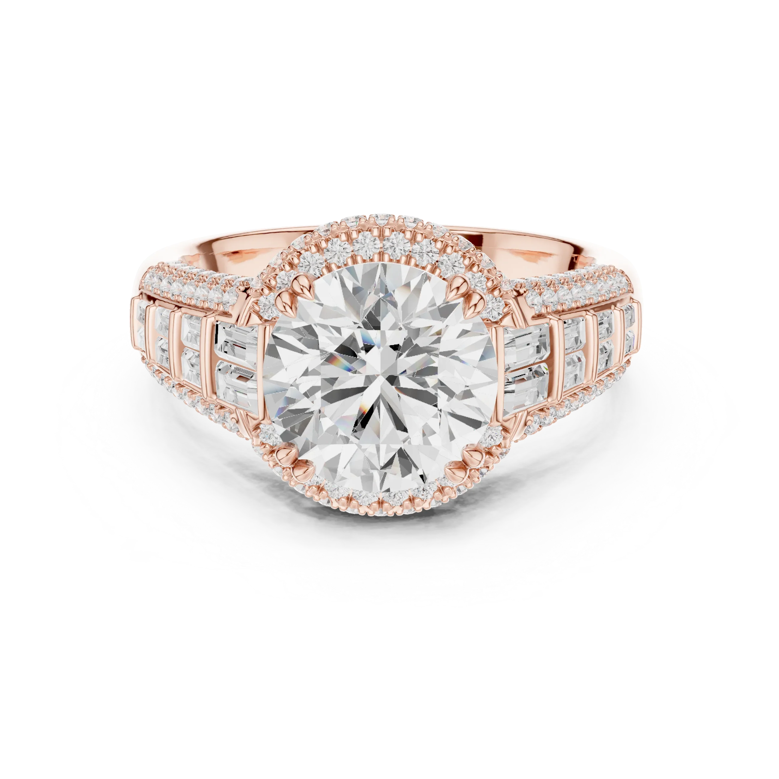 4.04 CTW Round Moissanite 14K White Gold Cathedral Engagement Ring wiith Tapered Baguette Side Stones