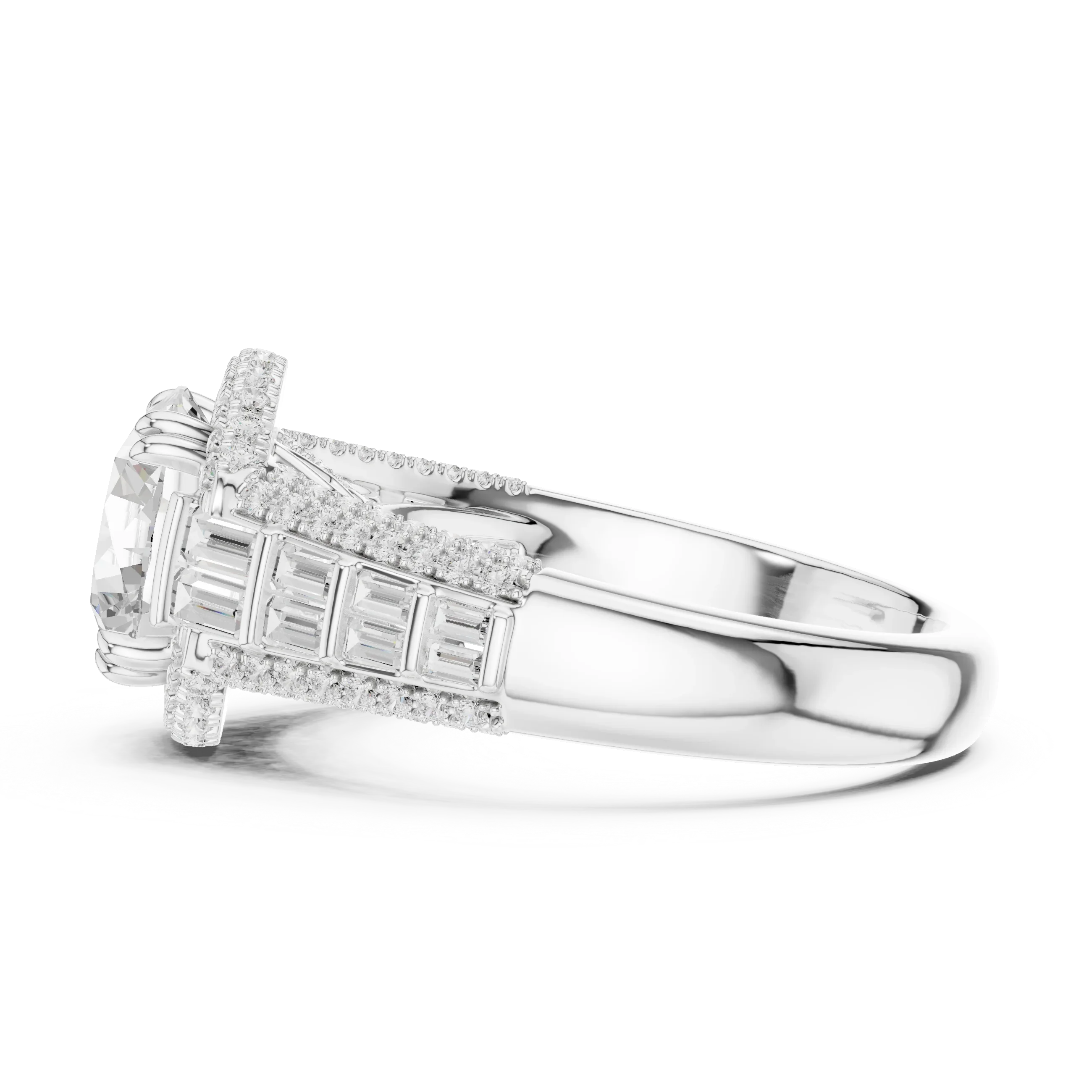 4.04 CTW Round Moissanite 14K White Gold Cathedral Engagement Ring wiith Tapered Baguette Side Stones