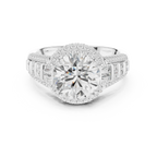 4.04 CTW Round Moissanite 14K White Gold Cathedral Engagement Ring wiith Tapered Baguette Side Stones