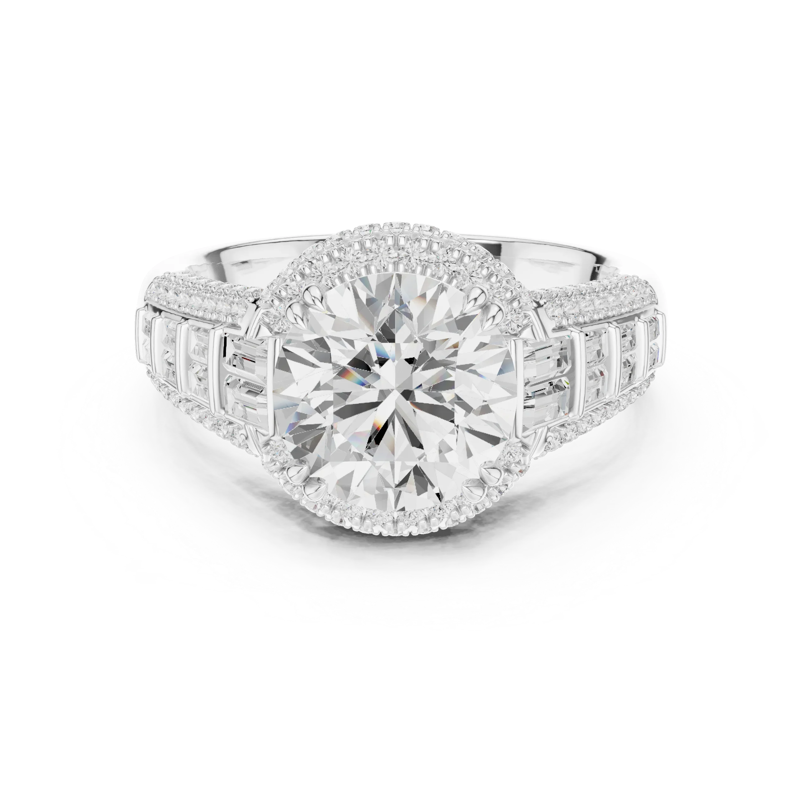 4.04 CTW Round Moissanite 14K White Gold Cathedral Engagement Ring wiith Tapered Baguette Side Stones