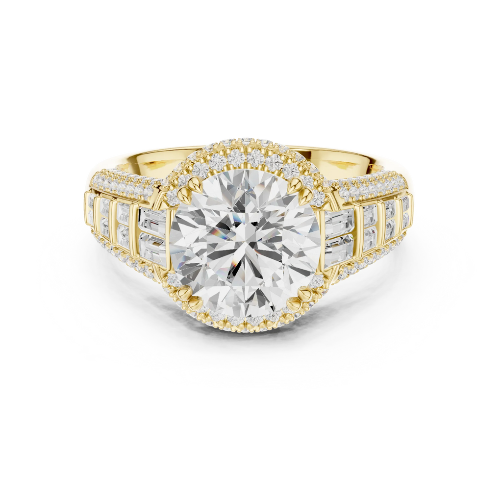 4.04 CTW Round Moissanite 14K White Gold Cathedral Engagement Ring wiith Tapered Baguette Side Stones