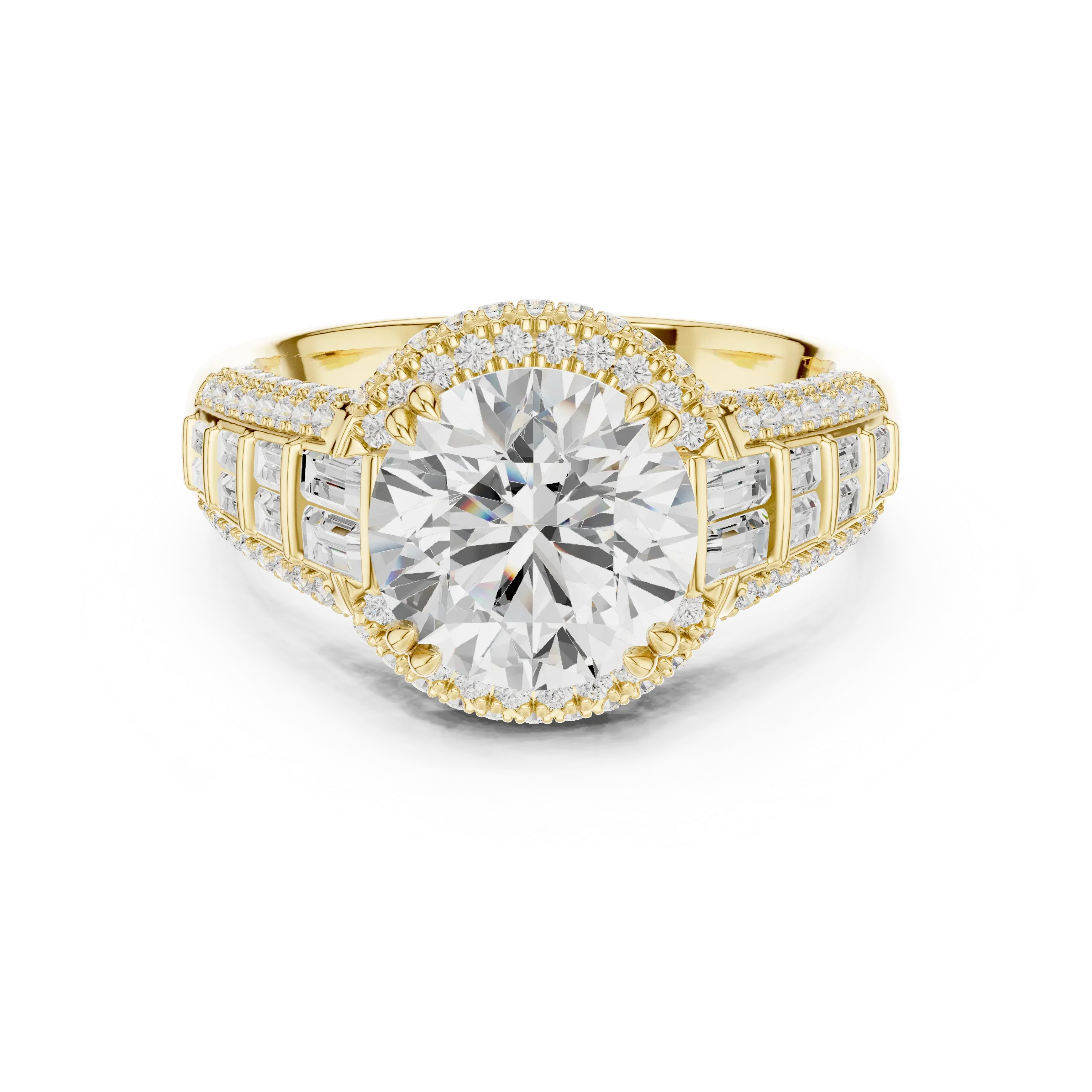 4.04 CTW Round Moissanite 14K White Gold Cathedral Engagement Ring wiith Tapered Baguette Side Stones