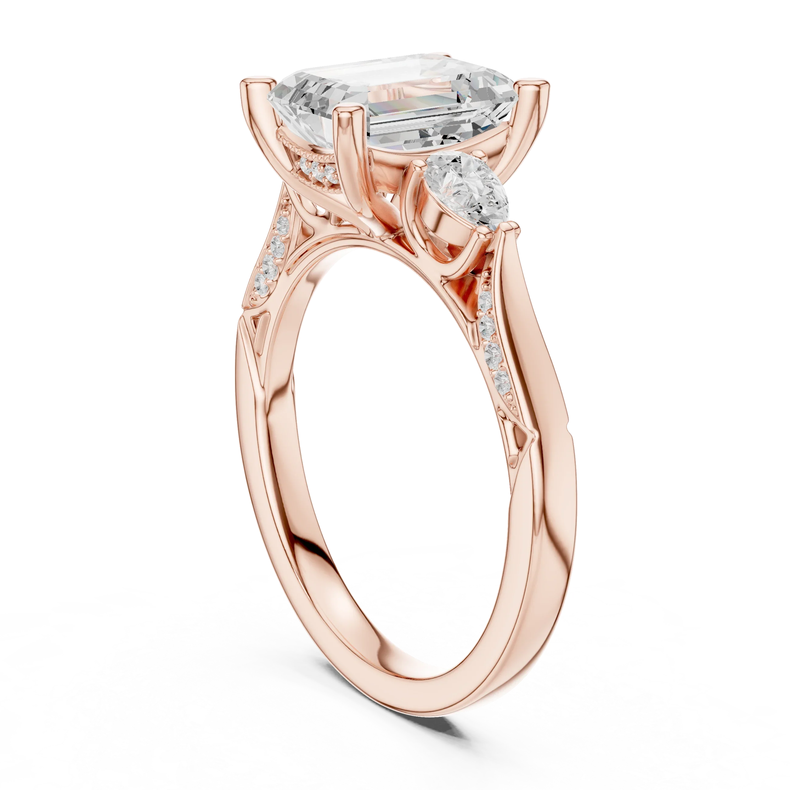 Emerald Cut Lab Grown 2.53 CT Three Stone Pear Accent Engagement Ring in 14K Rose Gold