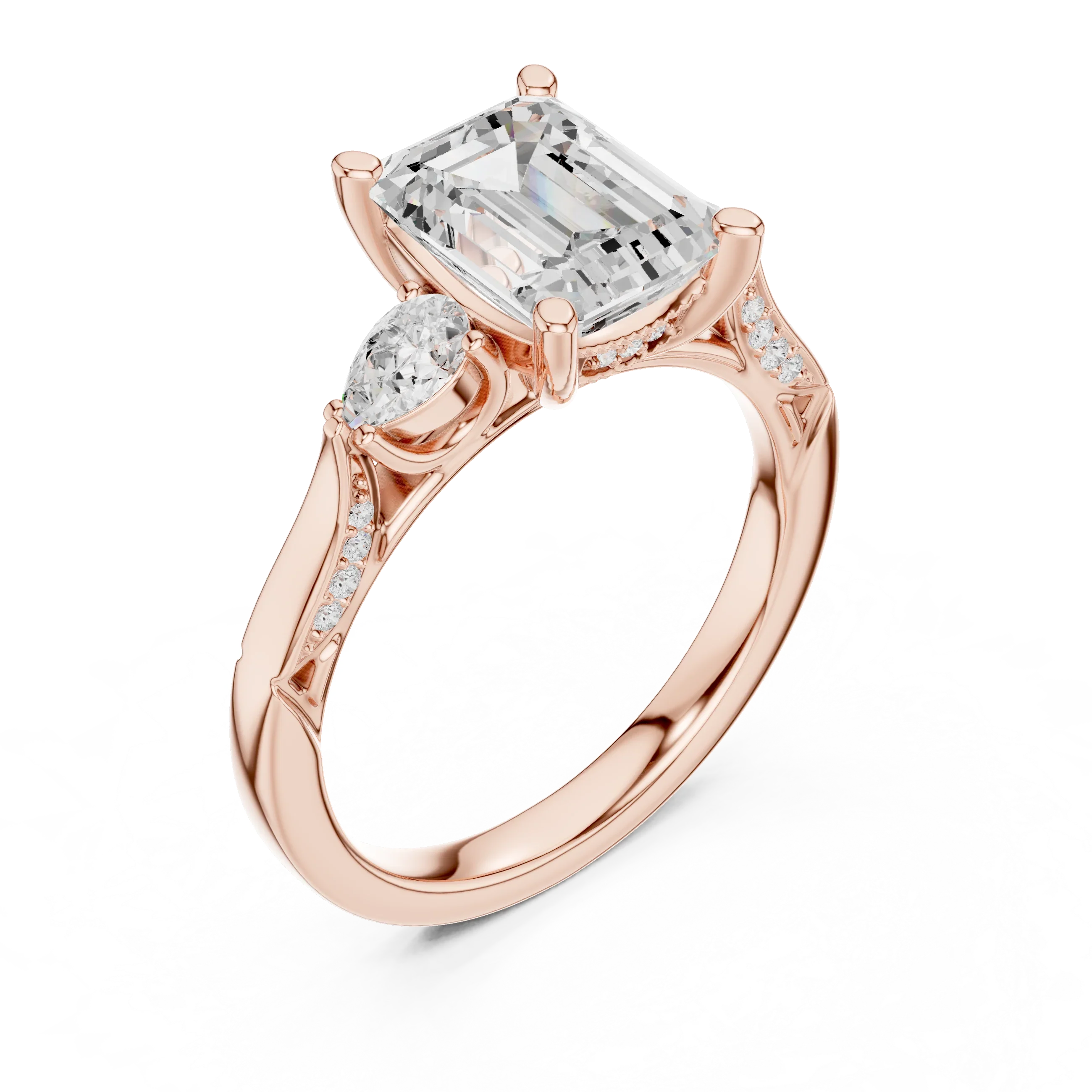 Emerald Cut Lab Grown 2.53 CT Three Stone Pear Accent Engagement Ring in 14K Rose Gold