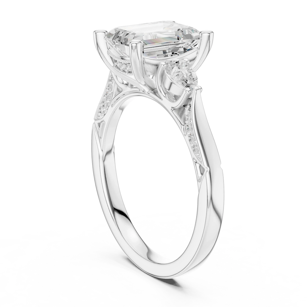 Emerald Cut Lab Grown 2.53 CT Three Stone Pear Accent Engagement Ring in 14K Rose Gold