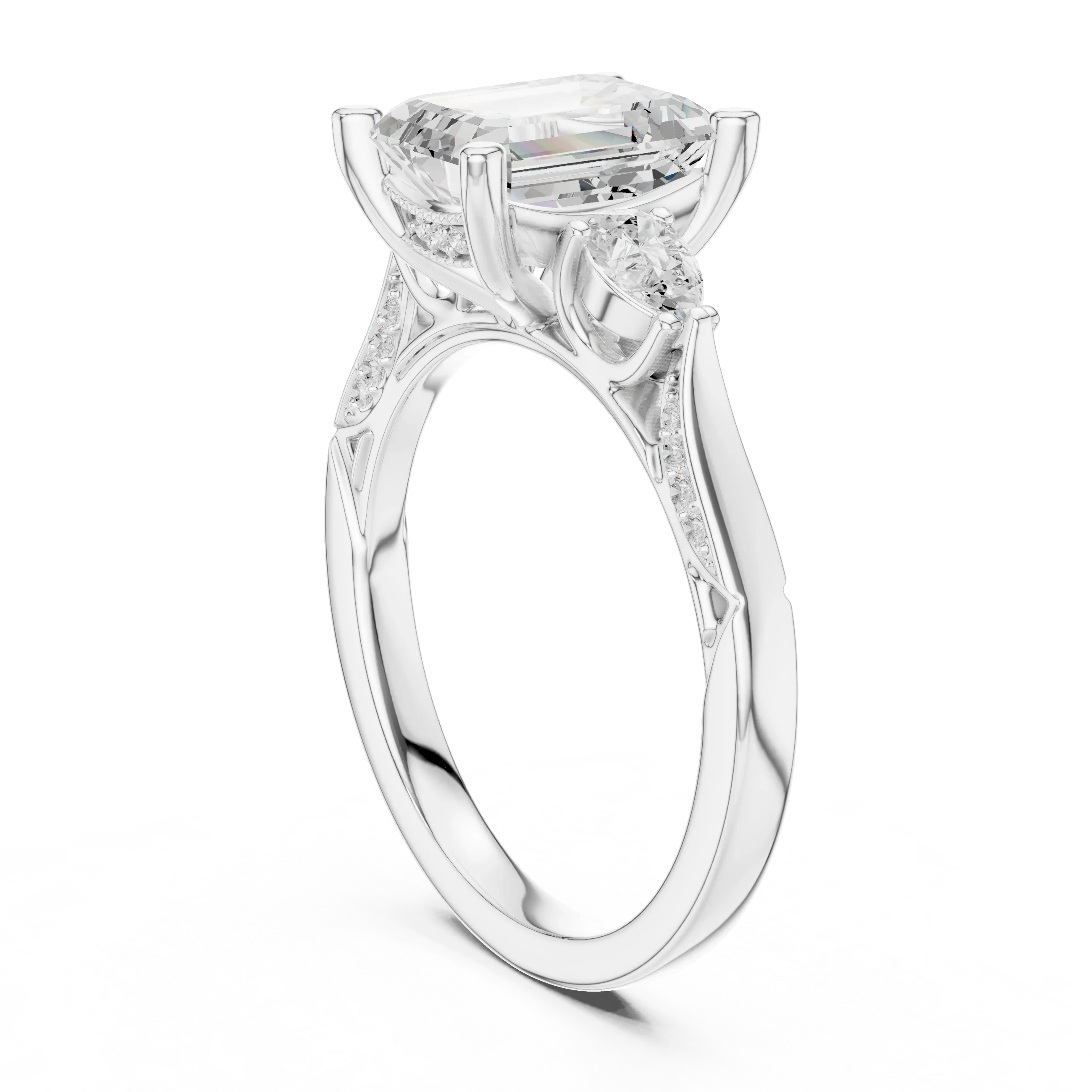 Emerald Cut Lab Grown 2.53 CT Three Stone Pear Accent Engagement Ring in 14K Rose Gold