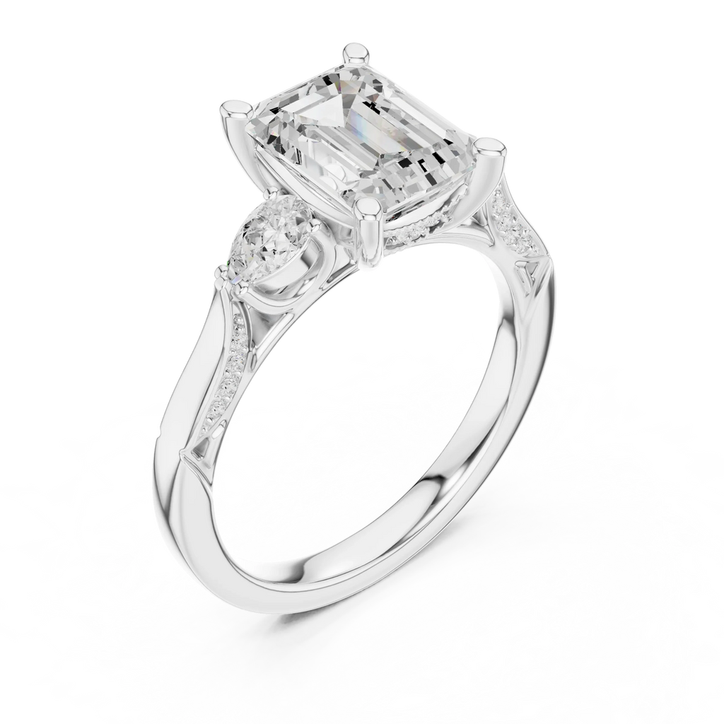 Emerald Cut Lab Grown 2.53 CT Three Stone Pear Accent Engagement Ring in 14K Rose Gold