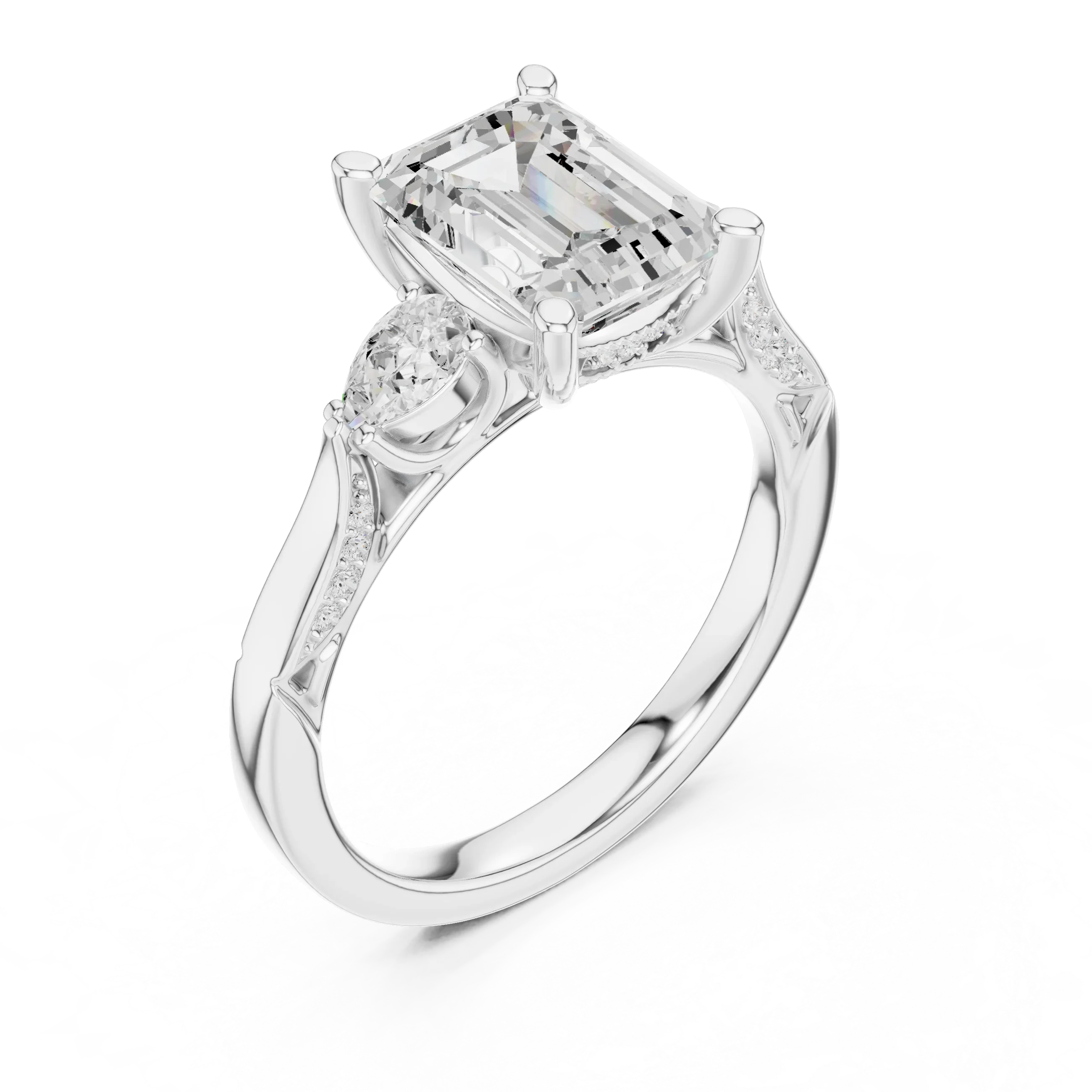 Emerald Cut Lab Grown 2.53 CT Three Stone Pear Accent Engagement Ring in 14K Rose Gold