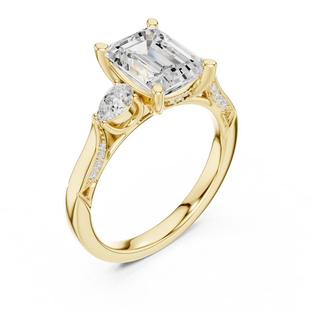 Emerald Cut Lab Grown 2.53 CT Three Stone Pear Accent Engagement Ring in 14K Rose Gold