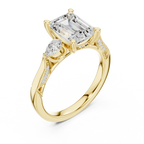 Emerald Cut Lab Grown 2.53 CT Three Stone Pear Accent Engagement Ring in 14K Rose Gold
