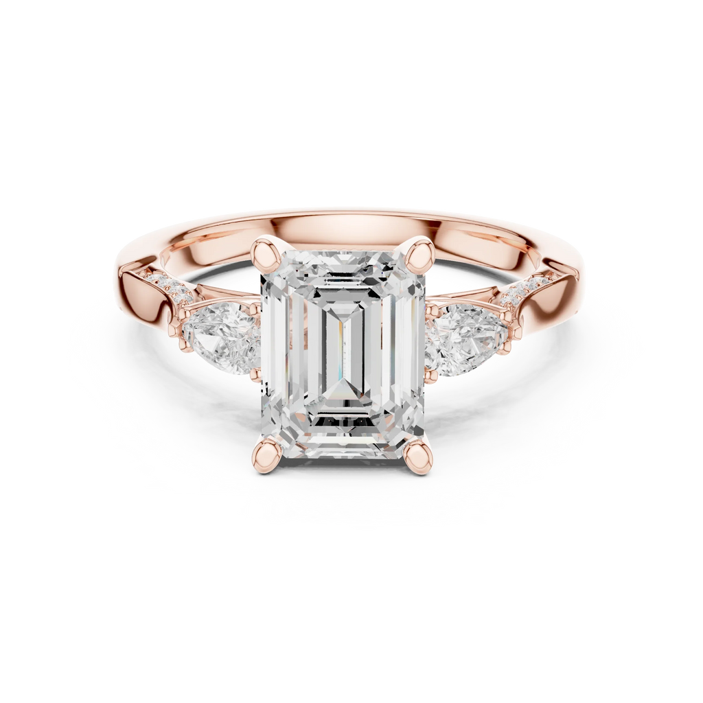 Emerald Cut Lab Grown 2.53 CT Three Stone Pear Accent Engagement Ring in 14K Rose Gold