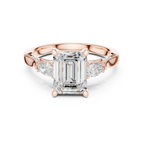 Emerald Cut Lab Grown 2.53 CT Three Stone Pear Accent Engagement Ring in 14K Rose Gold