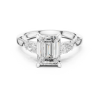 Emerald Cut Lab Grown 2.53 CT Three Stone Pear Accent Engagement Ring in 14K Rose Gold