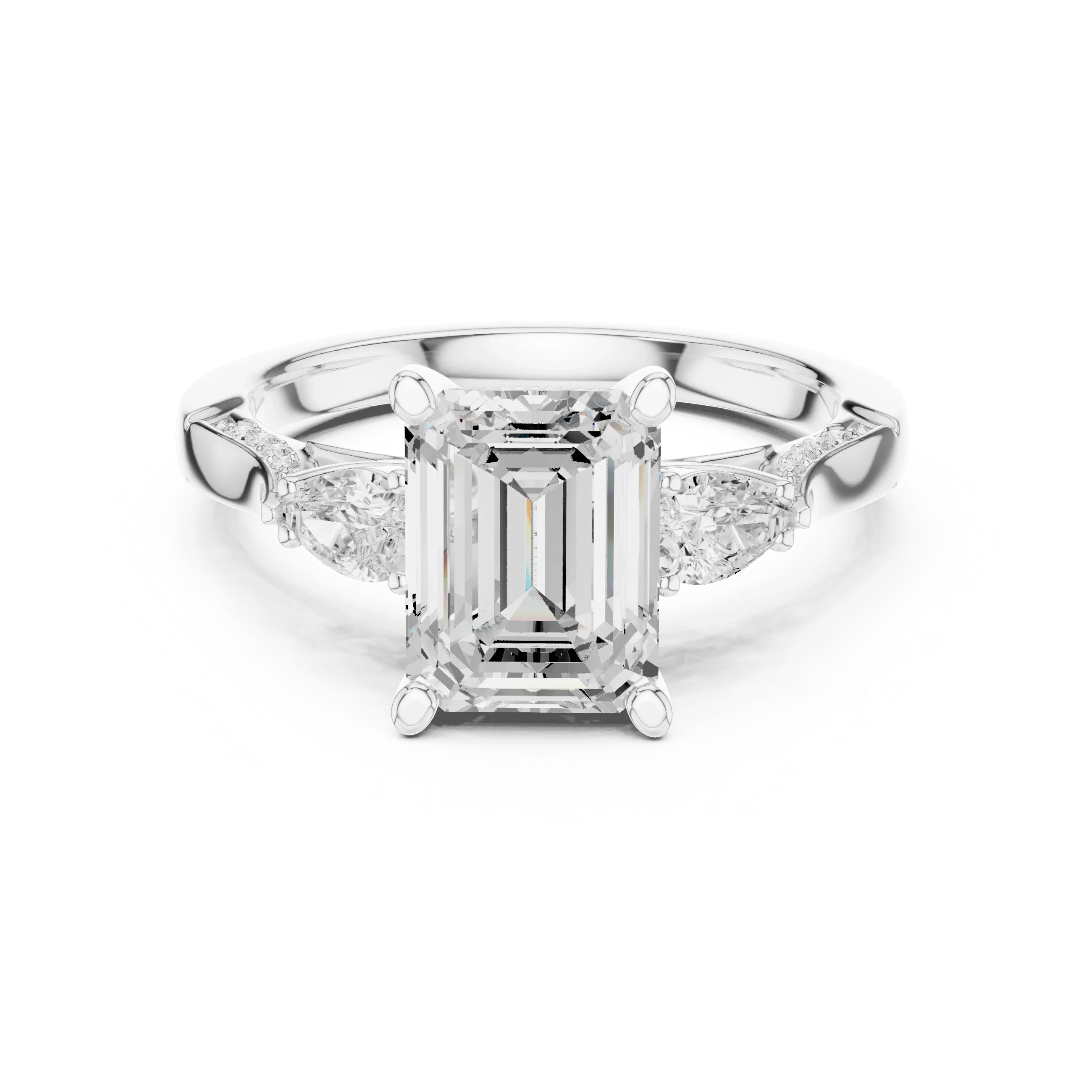 Emerald Cut Lab Grown 2.53 CT Three Stone Pear Accent Engagement Ring in 14K Rose Gold