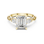 Emerald Cut Lab Grown 2.53 CT Three Stone Pear Accent Engagement Ring in 14K Rose Gold