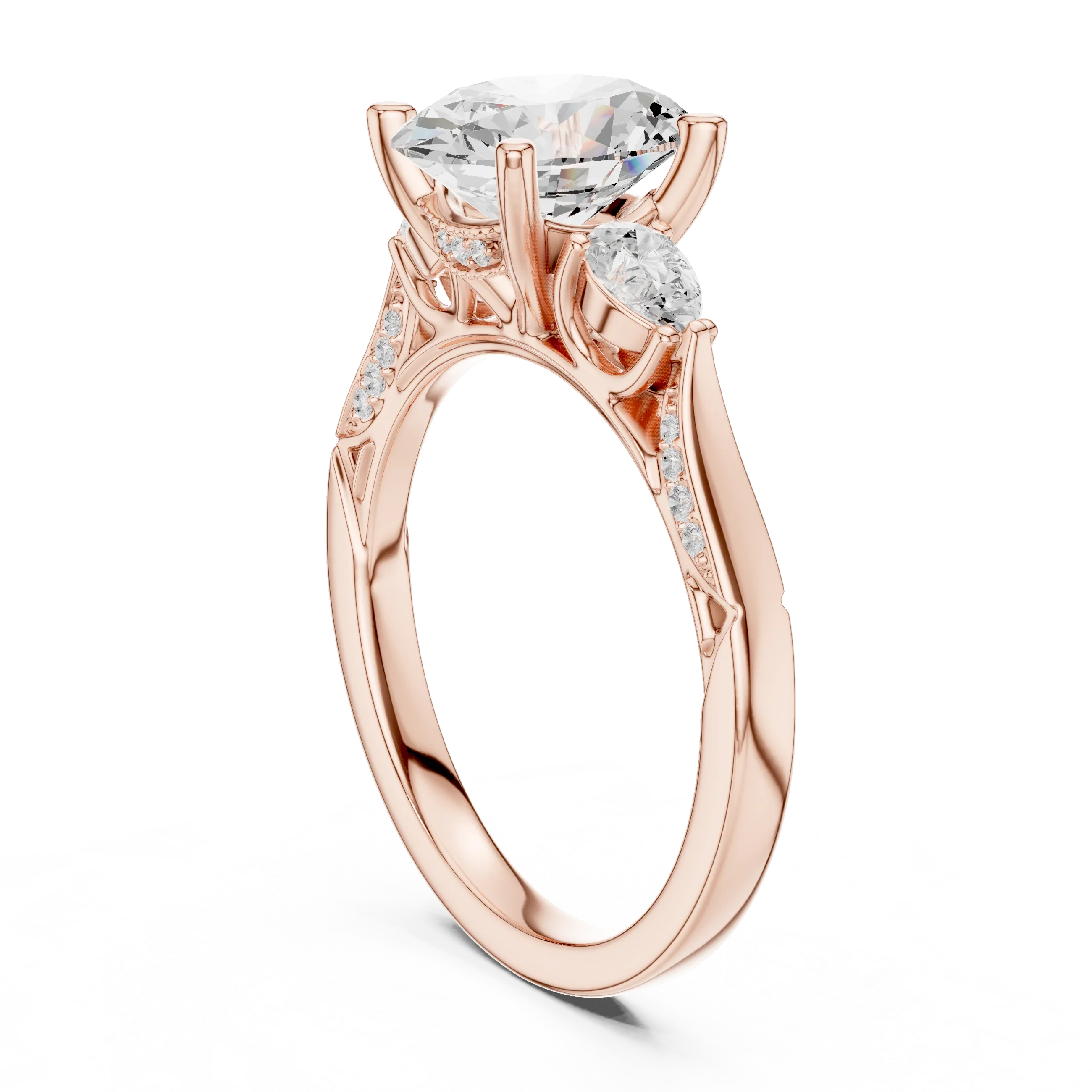 Oval Cut Lab Grown 2.53 CT Three Stone Pear Accent Engagement Ring in 14K Rose Gold