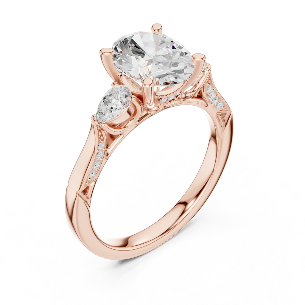 Oval Cut Lab Grown 2.53 CT Three Stone Pear Accent Engagement Ring in 14K Rose Gold