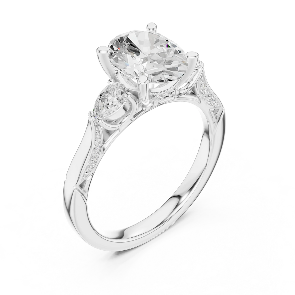 Oval Cut Lab Grown 2.53 CT Three Stone Pear Accent Engagement Ring in 14K Rose Gold