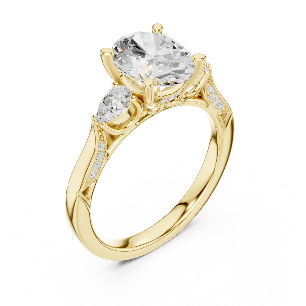 Oval Cut Lab Grown 2.53 CT Three Stone Pear Accent Engagement Ring in 14K Rose Gold