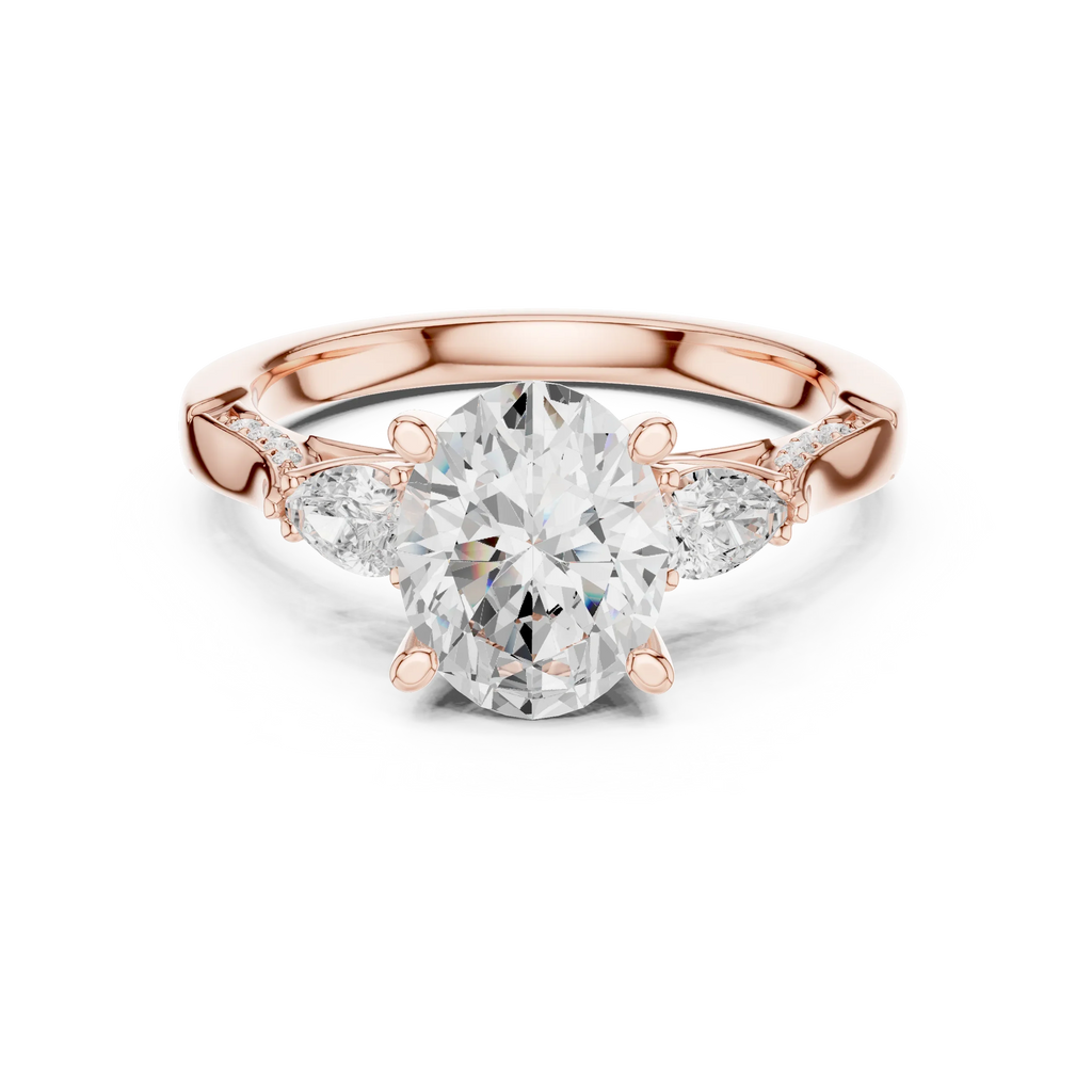 Oval Cut Lab Grown 2.53 CT Three Stone Pear Accent Engagement Ring in 14K Rose Gold