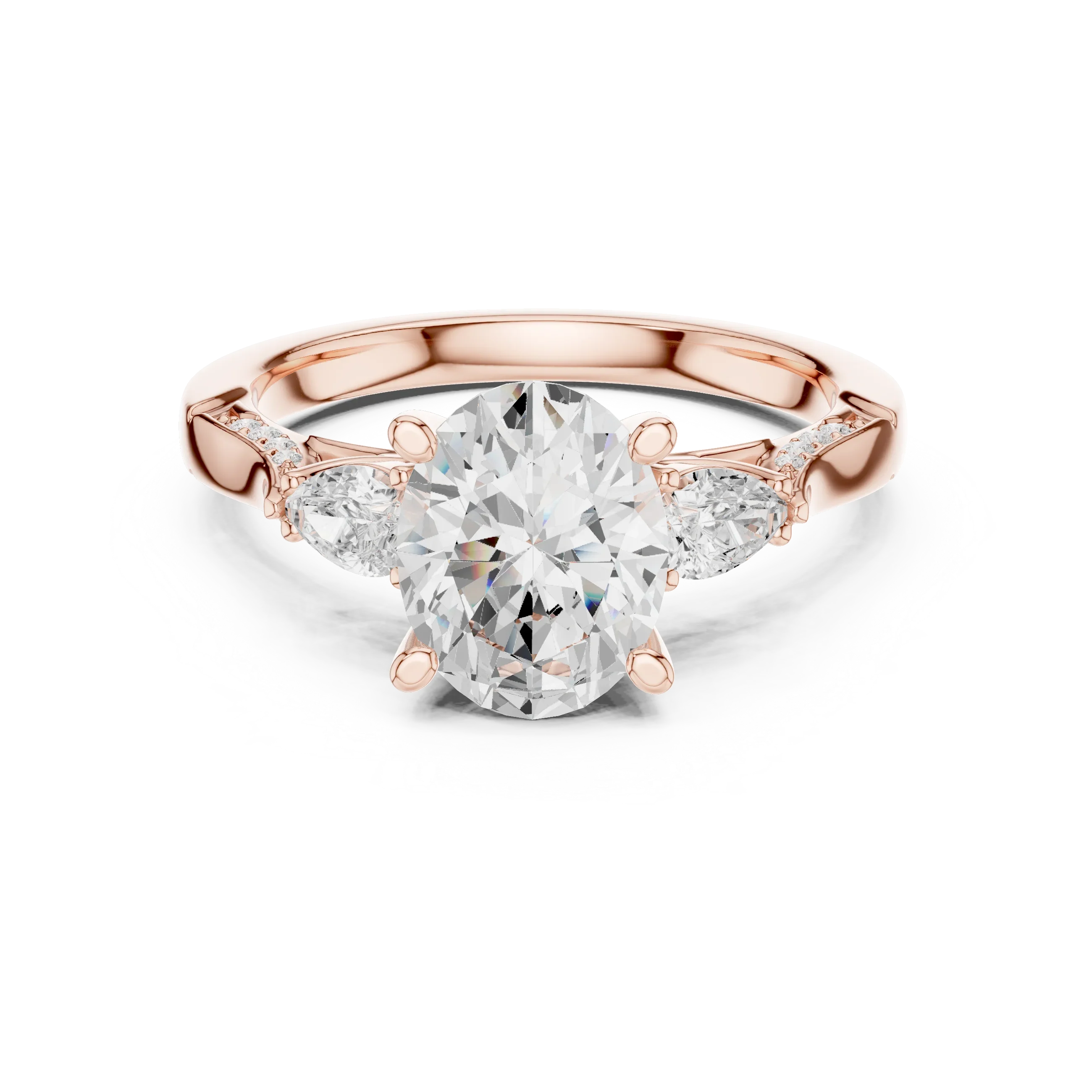 Oval Cut Lab Grown 2.53 CT Three Stone Pear Accent Engagement Ring in 14K Rose Gold