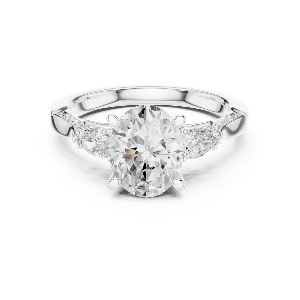 Oval Cut Lab Grown 2.53 CT Three Stone Pear Accent Engagement Ring in 14K Rose Gold