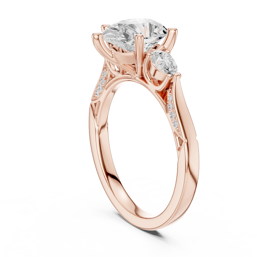 Pear Cut Lab Grown 2.53 CT Three Stone Pear Accent Engagement Ring in 14K Rose Gold
