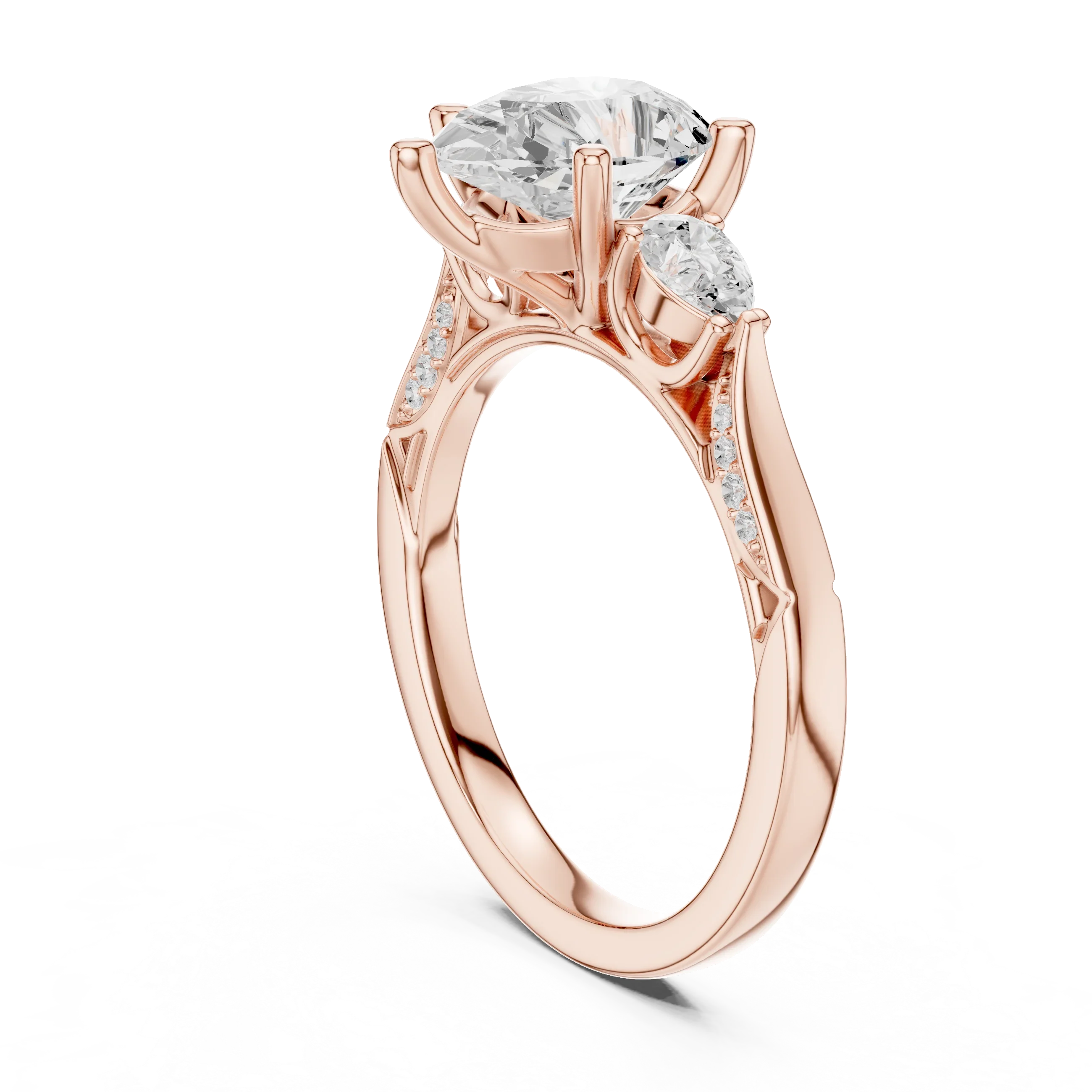 Pear Cut Lab Grown 2.53 CT Three Stone Pear Accent Engagement Ring in 14K Rose Gold