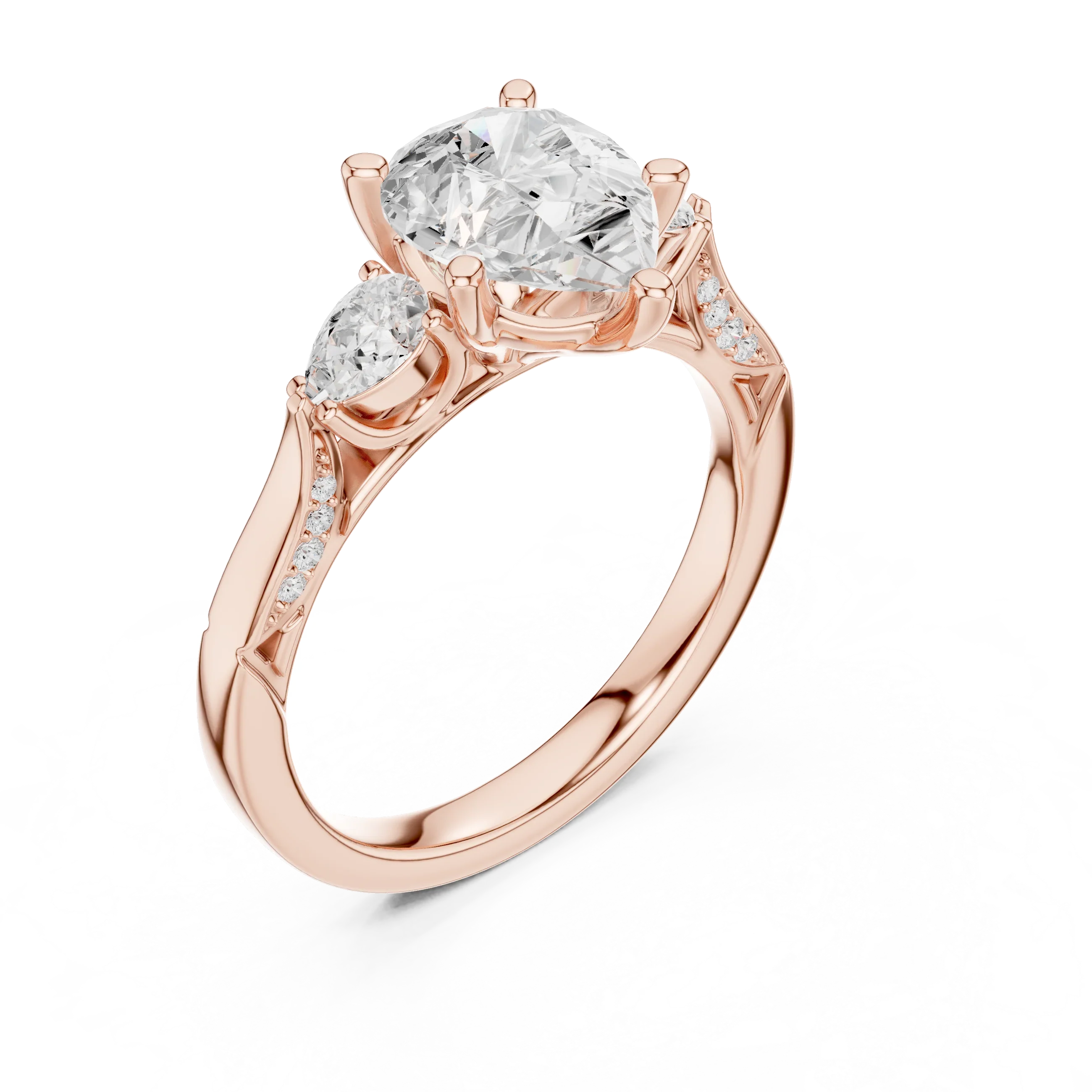 Pear Cut Lab Grown 2.53 CT Three Stone Pear Accent Engagement Ring in 14K Rose Gold