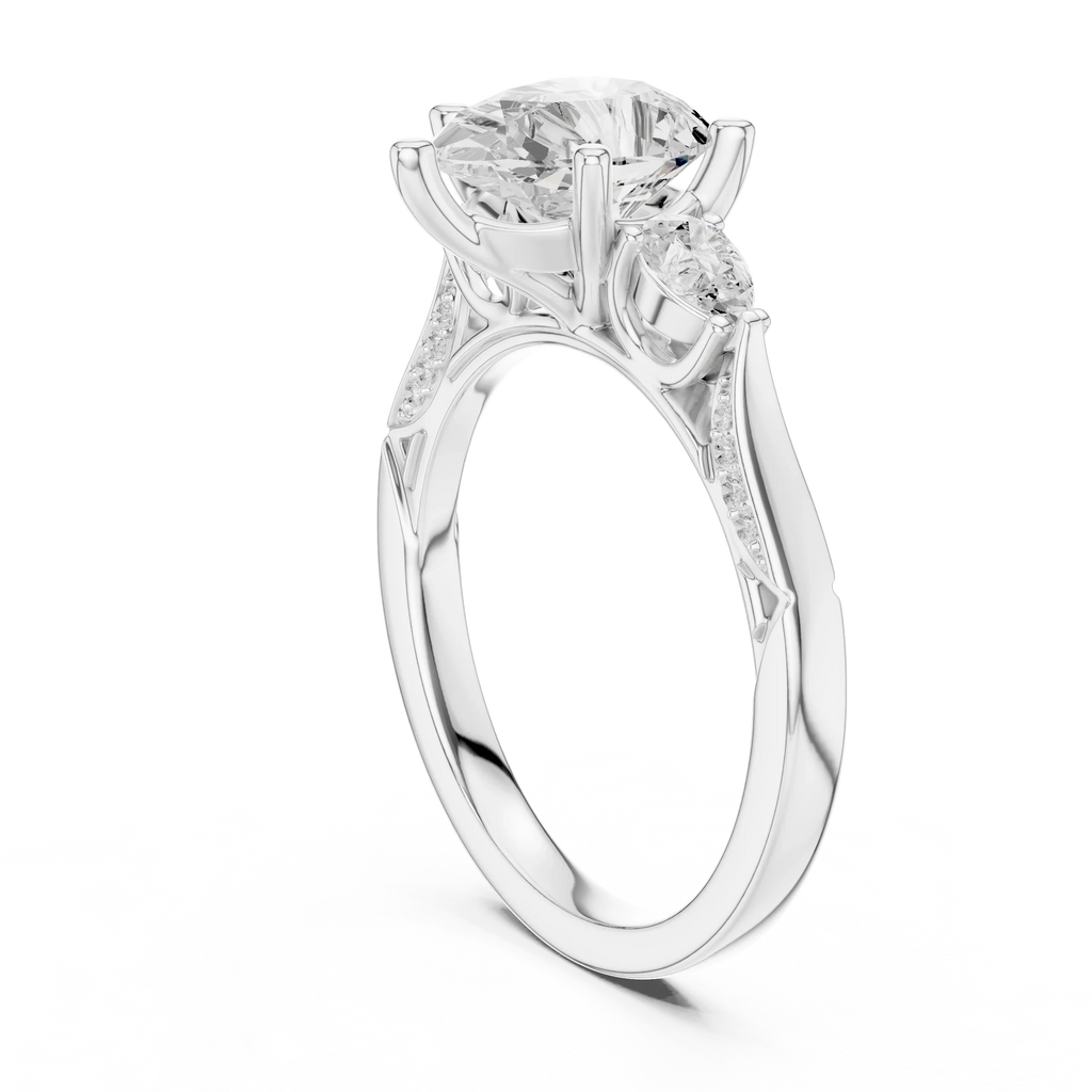 Pear Cut Lab Grown 2.53 CT Three Stone Pear Accent Engagement Ring in 14K Rose Gold