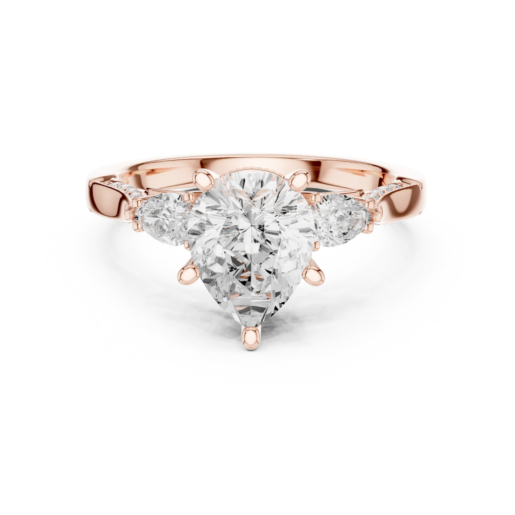 Pear Cut Lab Grown 2.53 CT Three Stone Pear Accent Engagement Ring in 14K Rose Gold