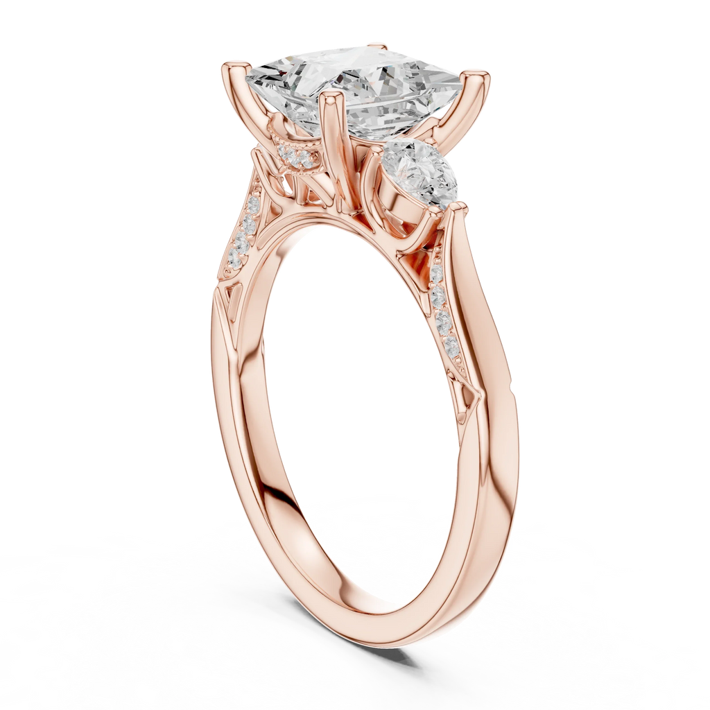 Princess Cut Lab Grown 2.53 CT Three Stone Pear Accent Engagement Ring in 14K Rose Gold