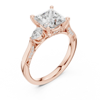 Princess Cut Lab Grown 2.53 CT Three Stone Pear Accent Engagement Ring in 14K Rose Gold
