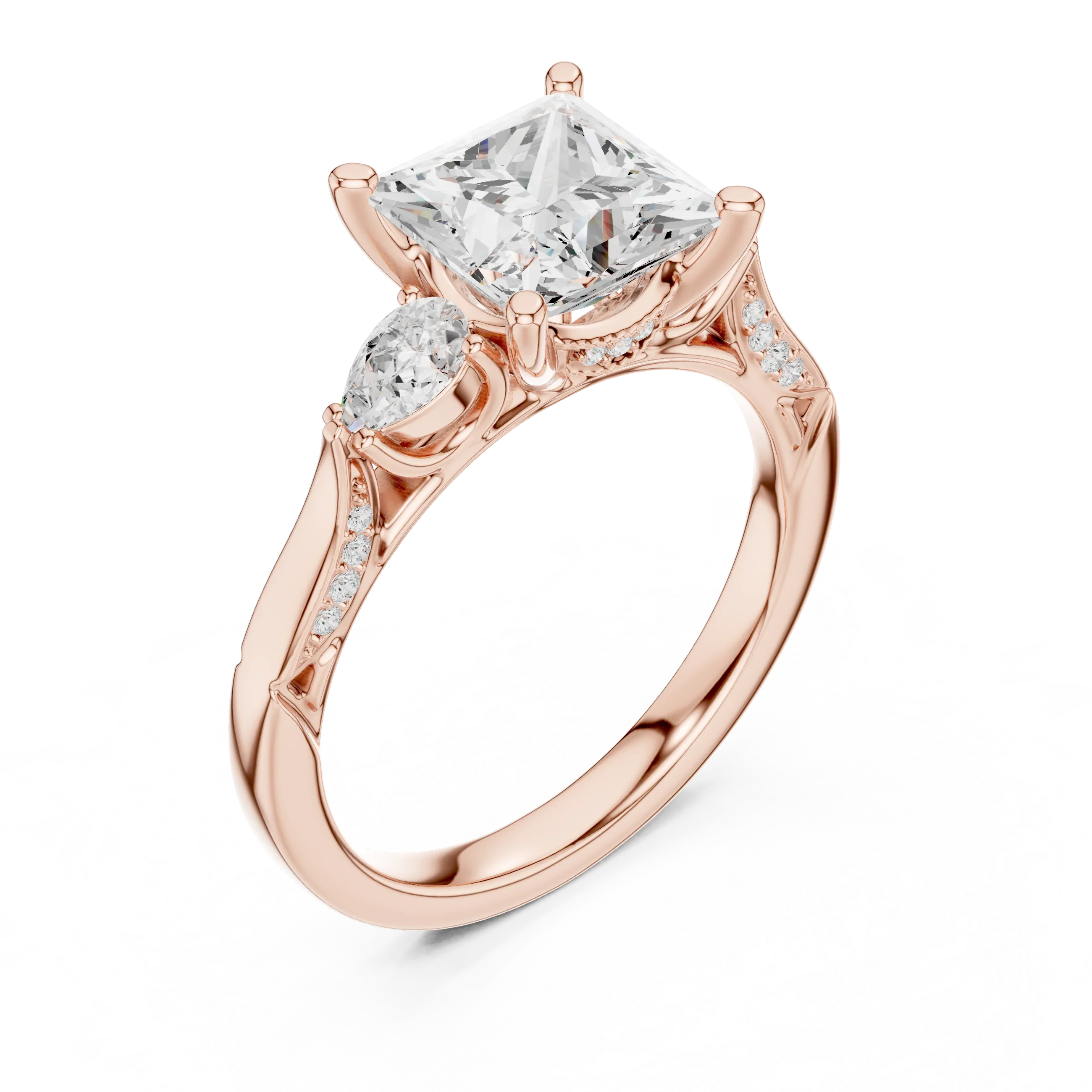 Princess Cut Lab Grown 2.53 CT Three Stone Pear Accent Engagement Ring in 14K Rose Gold