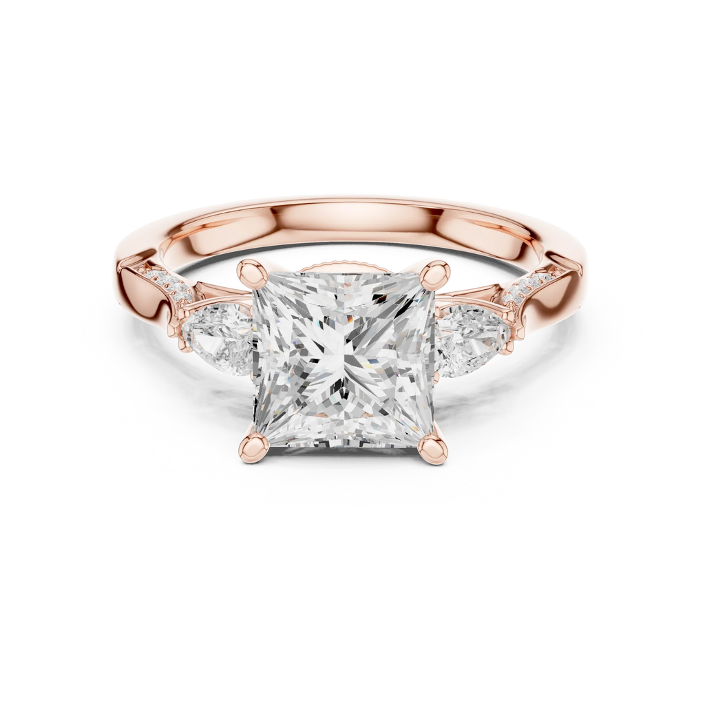 Princess Cut Lab Grown 2.53 CT Three Stone Pear Accent Engagement Ring in 14K Rose Gold