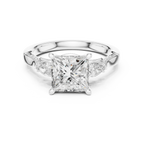 Princess Cut Lab Grown 2.53 CT Three Stone Pear Accent Engagement Ring in 14K Rose Gold