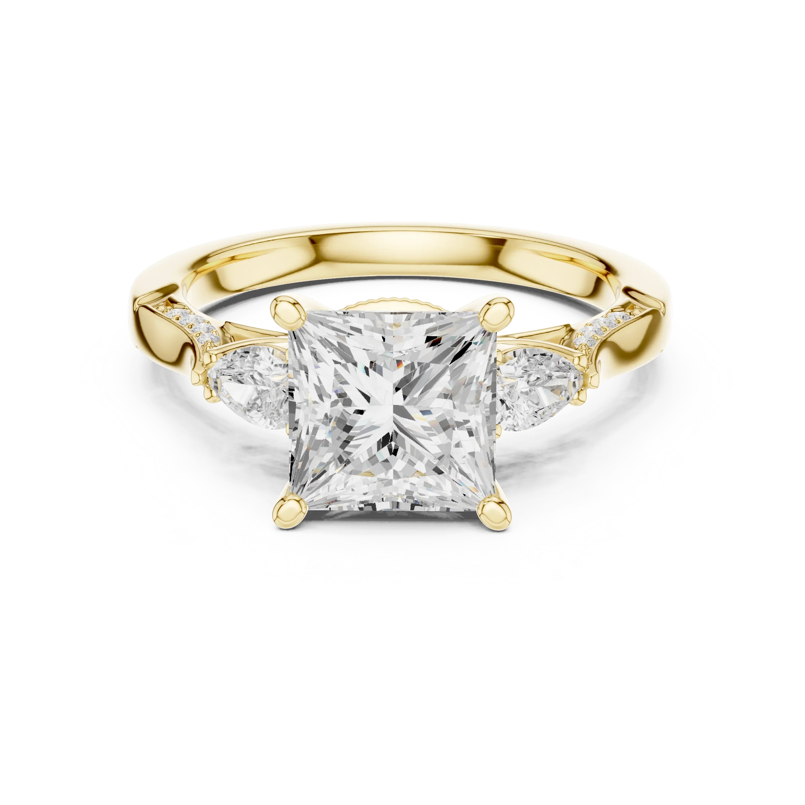 Princess Cut Lab Grown 2.53 CT Three Stone Pear Accent Engagement Ring in 14K Rose Gold