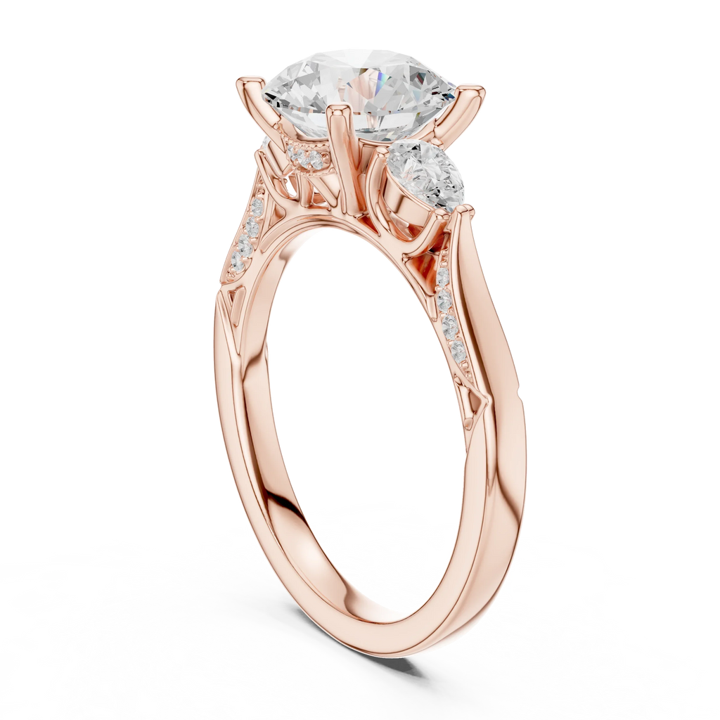 Round Cut Lab Grown 2.53 CT Three Stone Pear Accent Engagement Ring in 14K Rose Gold