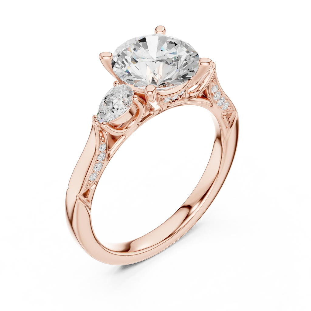 Round Cut Lab Grown 2.53 CT Three Stone Pear Accent Engagement Ring in 14K Rose Gold
