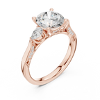 Round Cut Lab Grown 2.53 CT Three Stone Pear Accent Engagement Ring in 14K Rose Gold