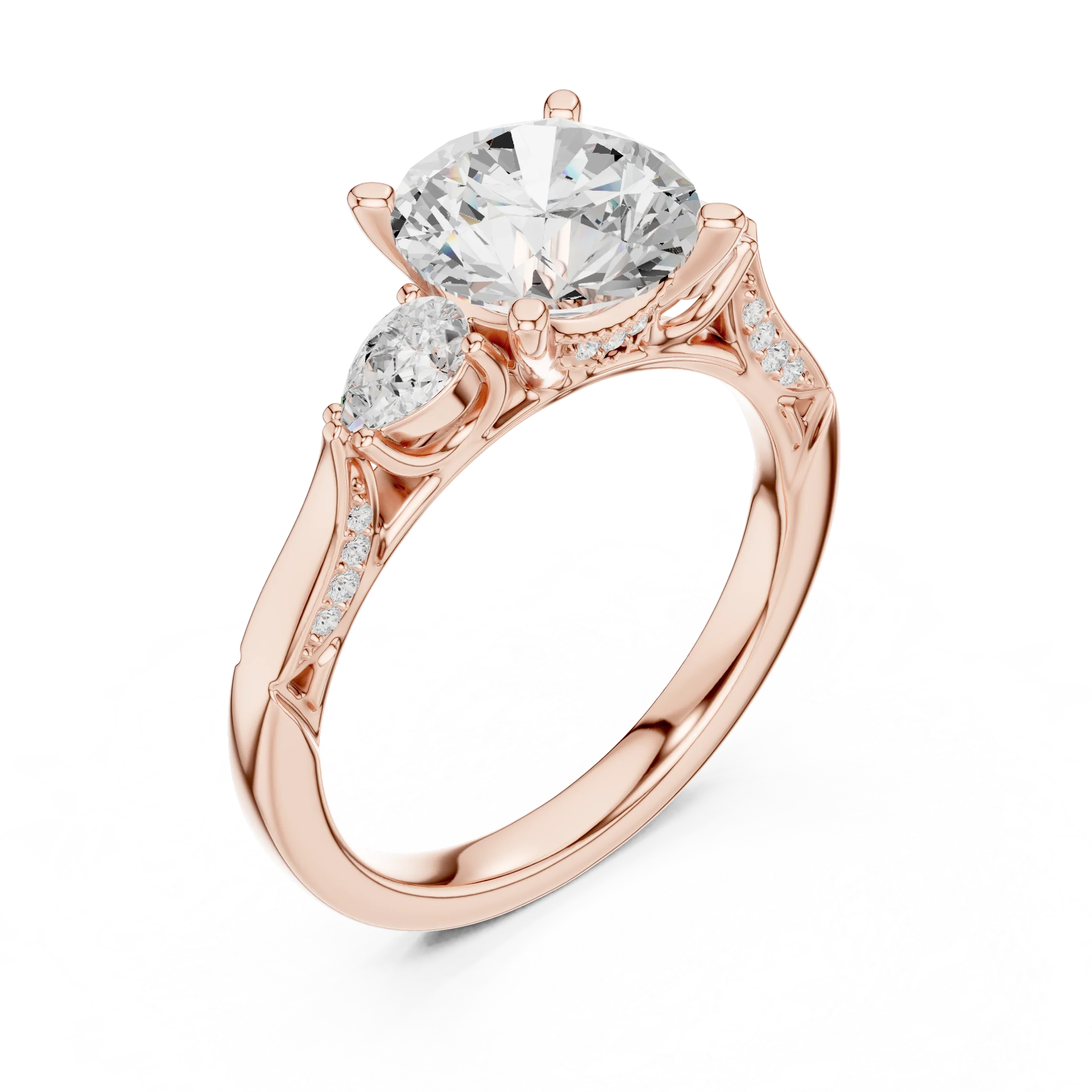Round Cut Lab Grown 2.53 CT Three Stone Pear Accent Engagement Ring in 14K Rose Gold