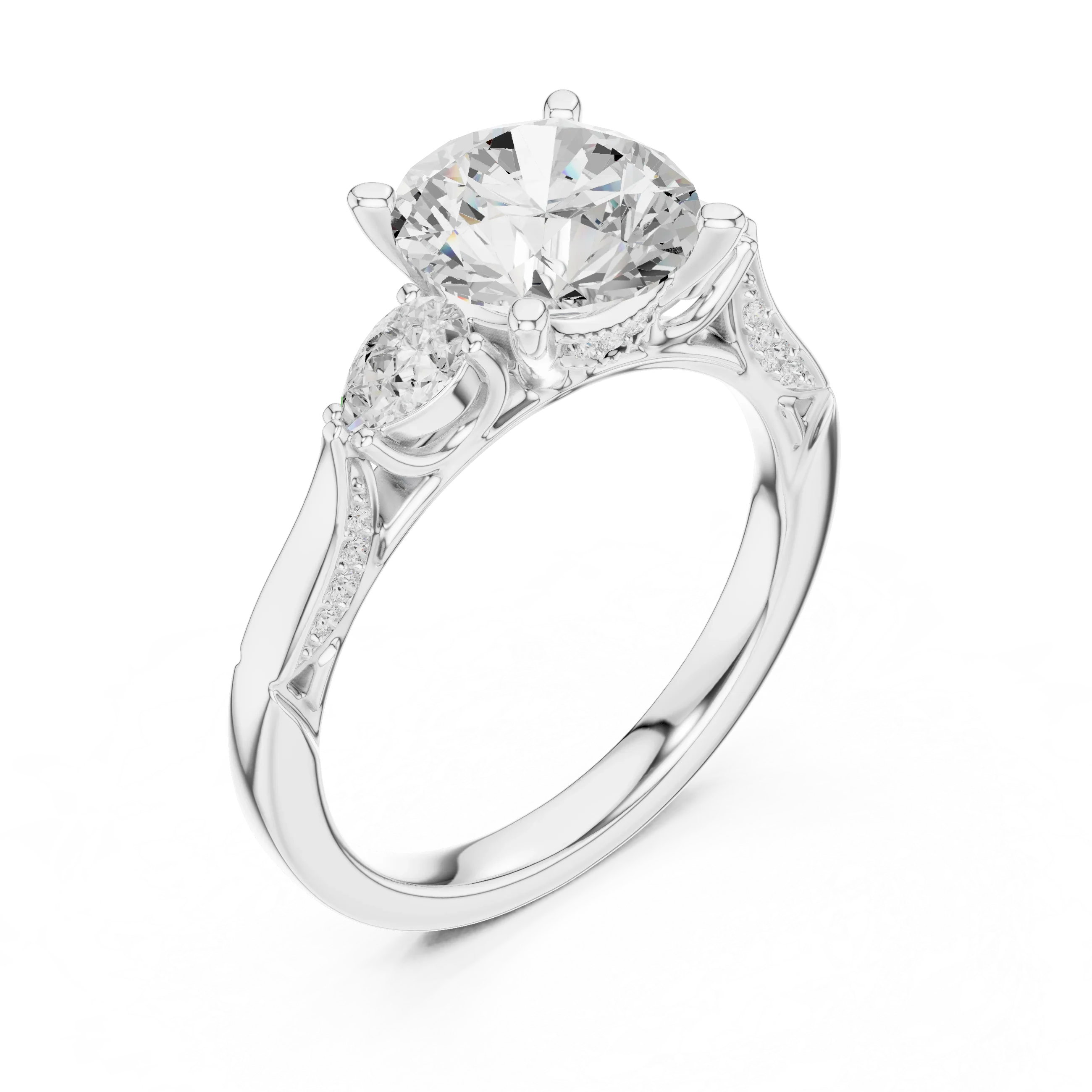 Round Cut Lab Grown 2.53 CT Three Stone Pear Accent Engagement Ring in 14K Rose Gold