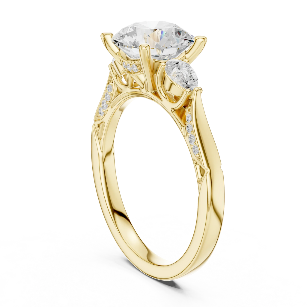 Round Cut Lab Grown 2.53 CT Three Stone Pear Accent Engagement Ring in 14K Rose Gold