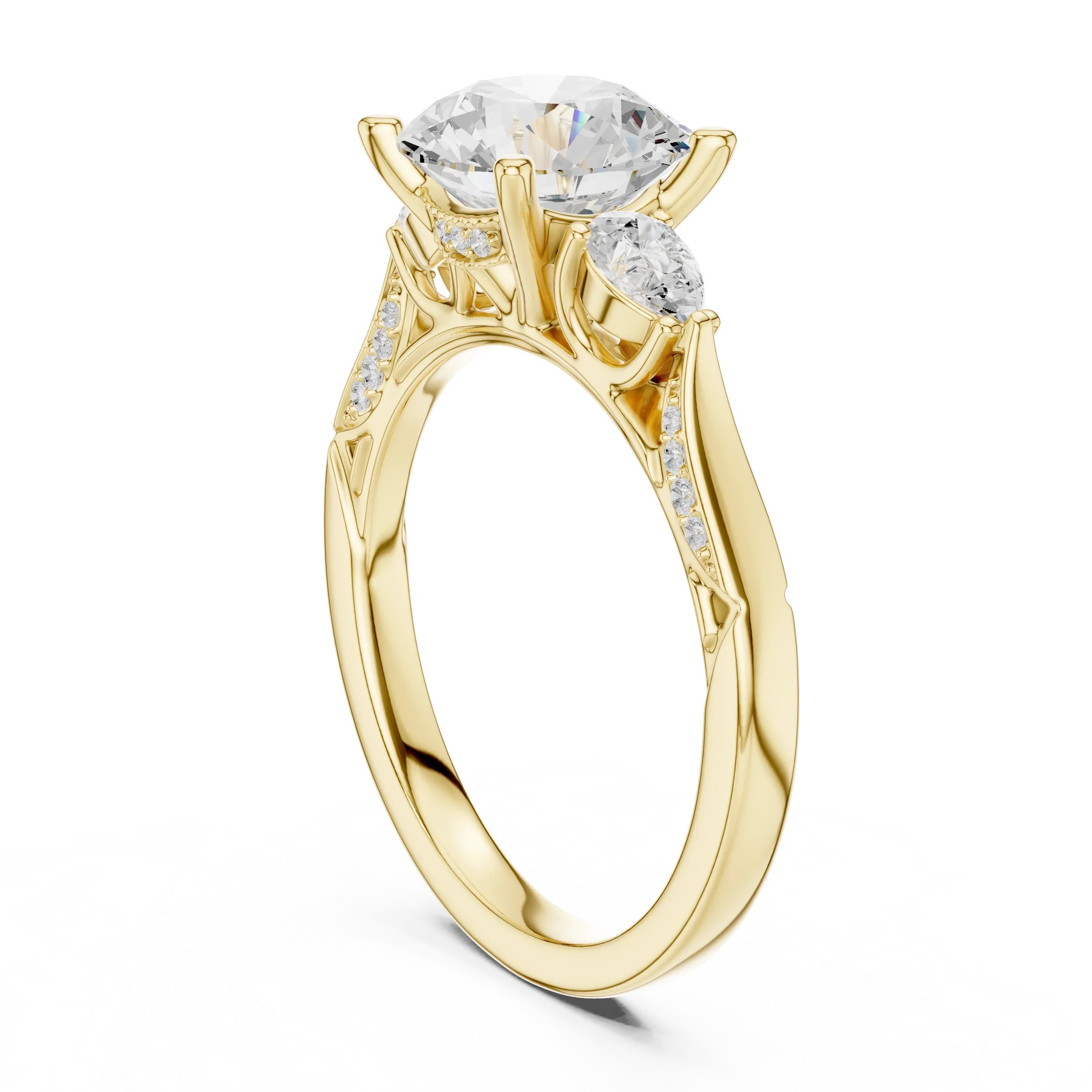 Round Cut Lab Grown 2.53 CT Three Stone Pear Accent Engagement Ring in 14K Rose Gold